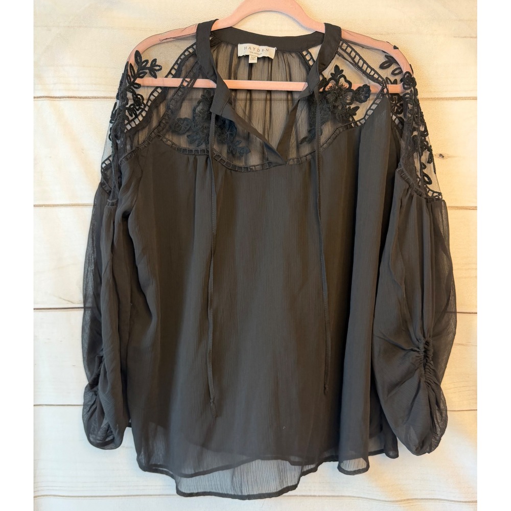 Hayden Los Angeles Black Lace Embroidered Sheer Tie Neck Blouse H5917 S/M